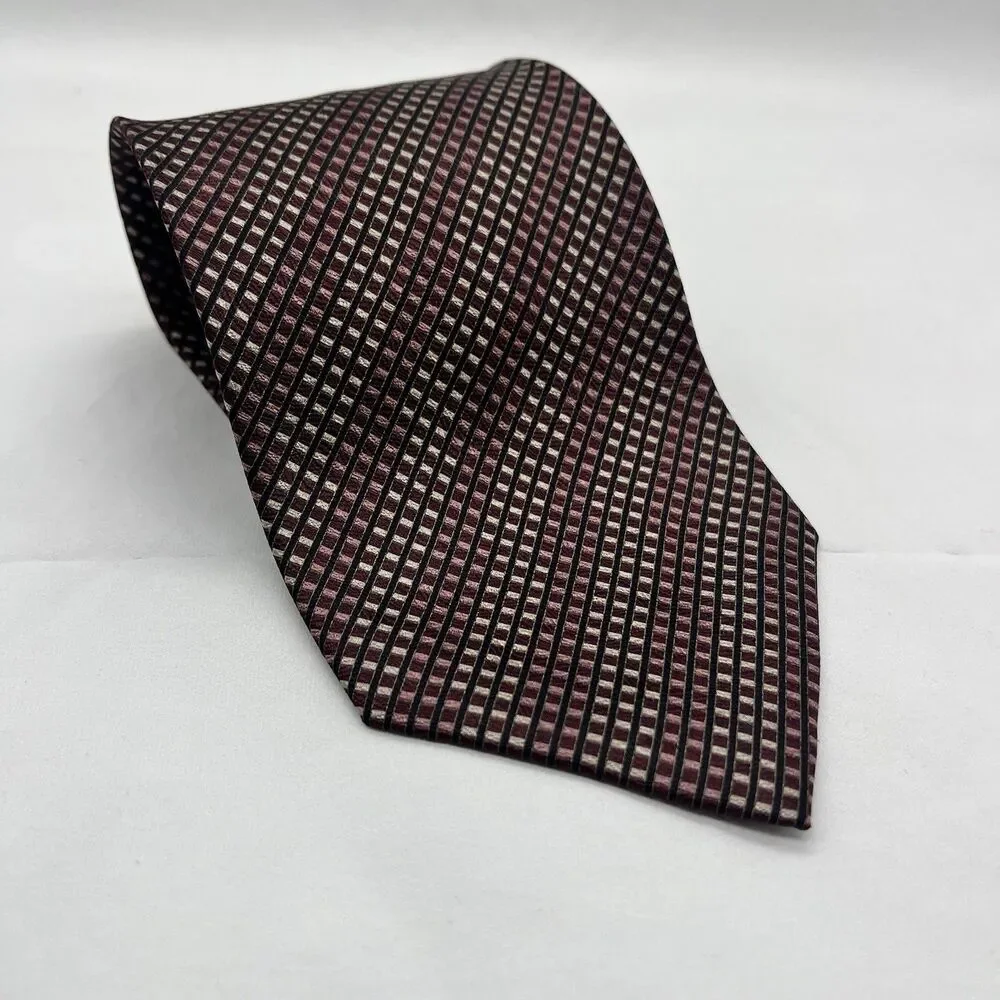 Laurant Benon Paris 100% Silk Necktie Maroon Tan Black Business Formal EUC